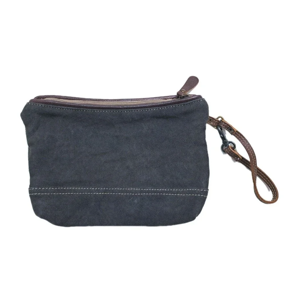 Myra Bag Clutch Wristlet Southwest Canvas Leather Pouch Bag Purse Brown Gray